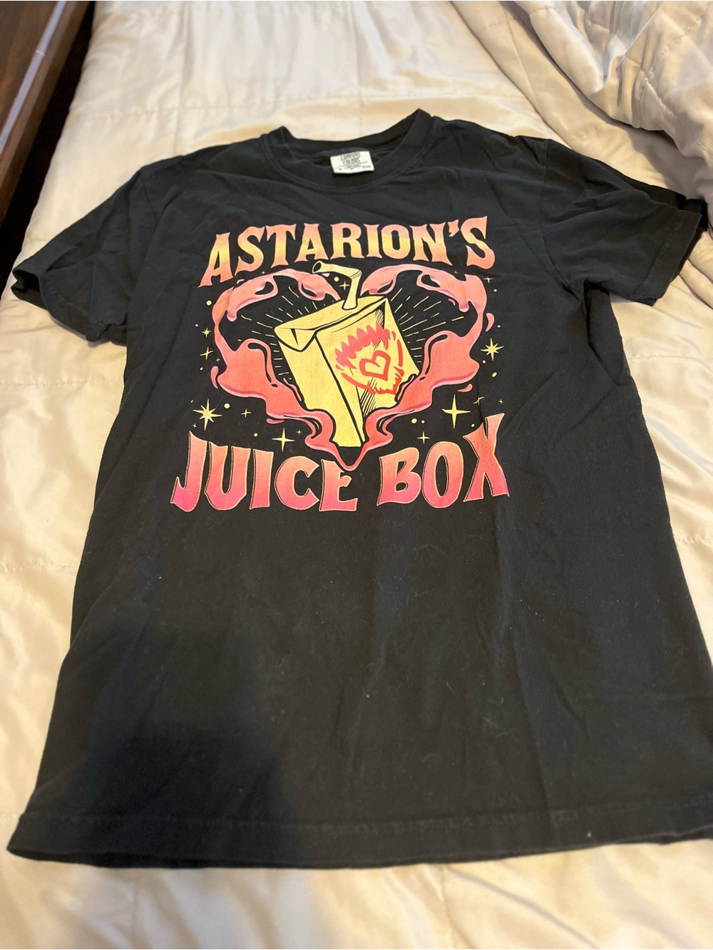 Baldur’s Gate 3 Astarion’s Juice Box Black Tee with Pink & Yellow Graphic